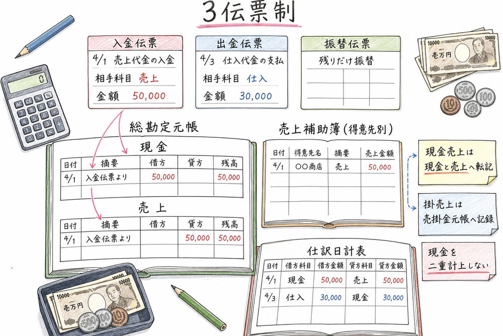 伝票式会計と3伝票制で入金伝票・出金伝票・振替伝票を使い分ける図解