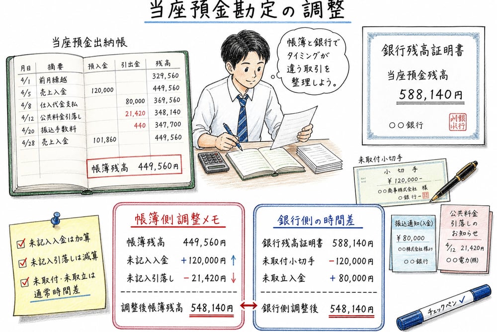 当座預金調整で帳簿側の修正項目と銀行側の時間差を分ける図解