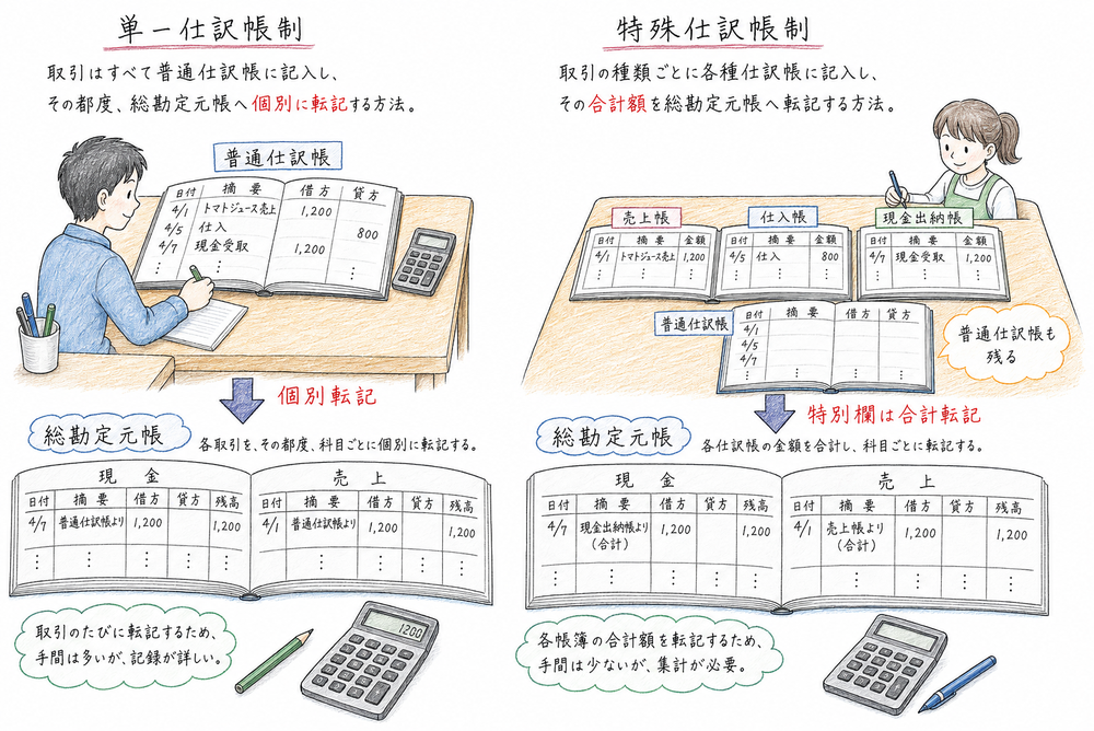 単一仕訳帳制と特殊仕訳帳制の転記方法の違い