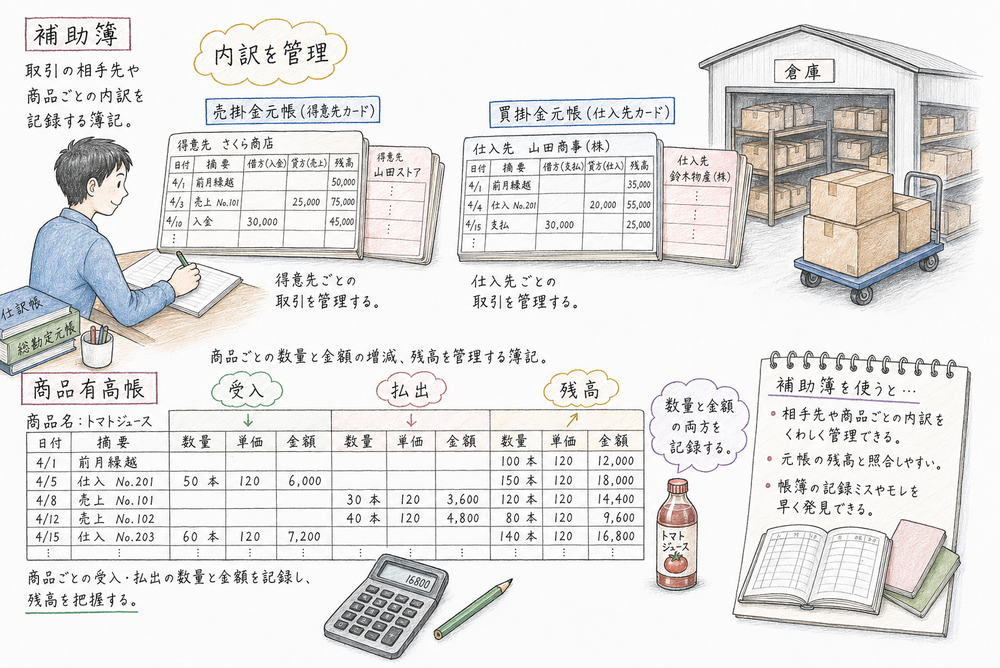 補助簿と商品有高帳で内訳や在庫数量と金額を管理する図解