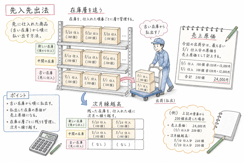 先入先出法で古い在庫層から払出し売上原価と次月繰越高を求める図解