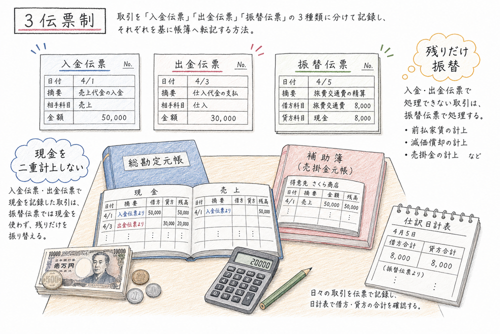 伝票式会計と3伝票制で入金伝票・出金伝票・振替伝票を使い分ける図解