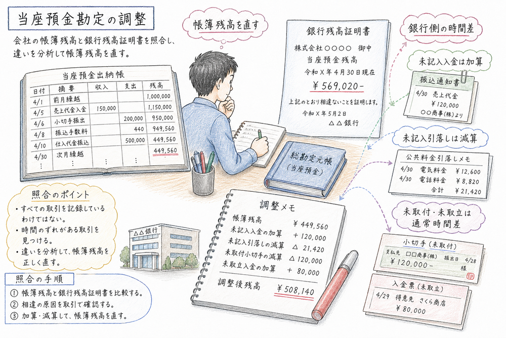 当座預金調整で帳簿側の修正項目と銀行側の時間差を分ける図解