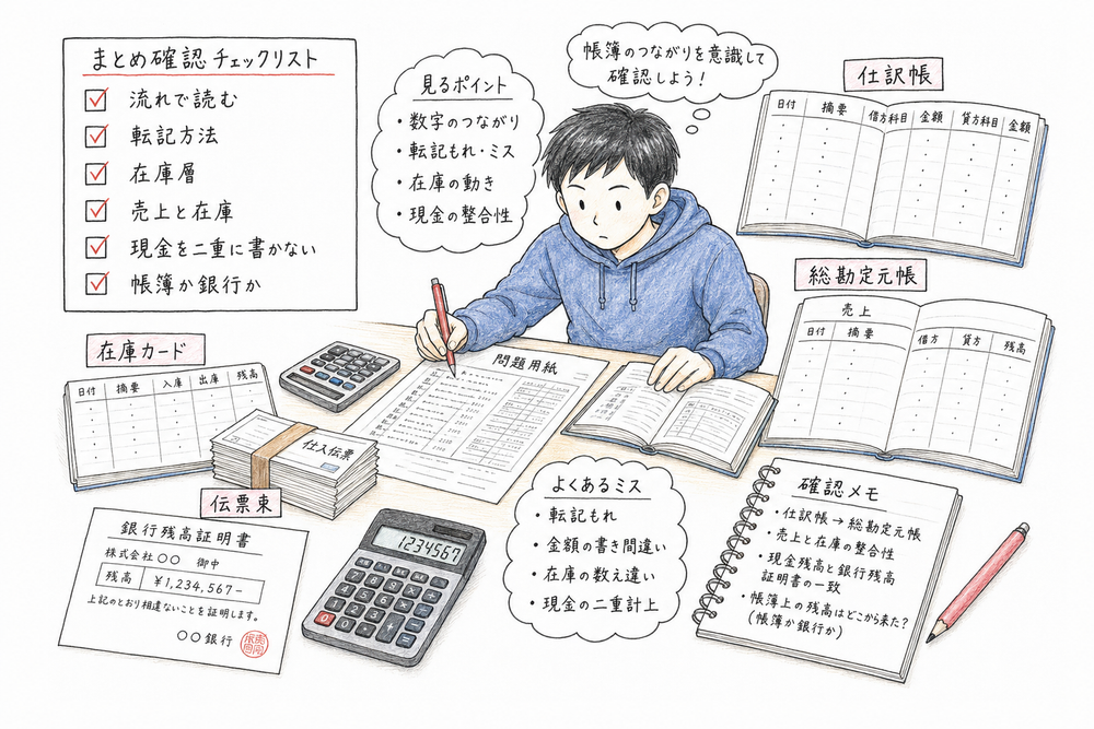 会計帳簿問題で記録の流れ、転記方法、在庫層、売上修正、伝票、残高調整を確認するまとめ図