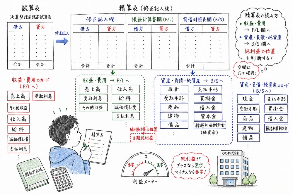 試算表と精算表で収益費用を損益計算書欄へ、資産負債純資産を貸借対照表欄へ分ける図解