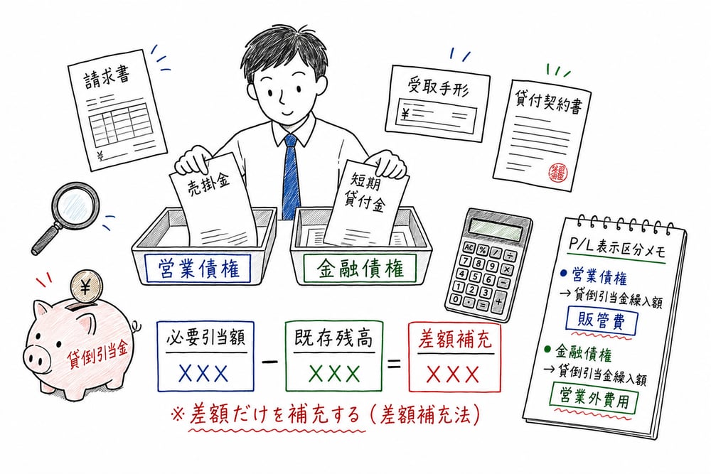 営業債権と金融債権を分け、貸倒引当金を差額補充法で計算して表示区分を確認する図解