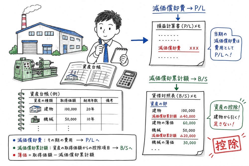 減価償却費は損益計算書、減価償却累計額は貸借対照表で資産の控除項目になることを示す図解