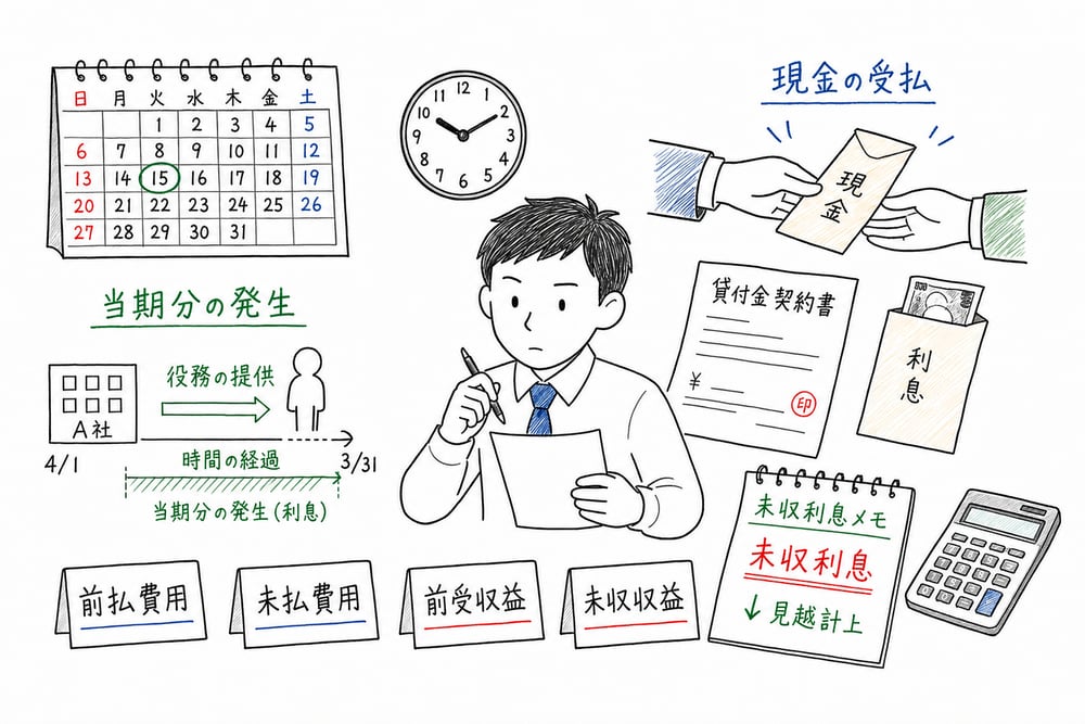 現金の受払と当期分の発生を分け、未収利息を見越計上する経過勘定の図解