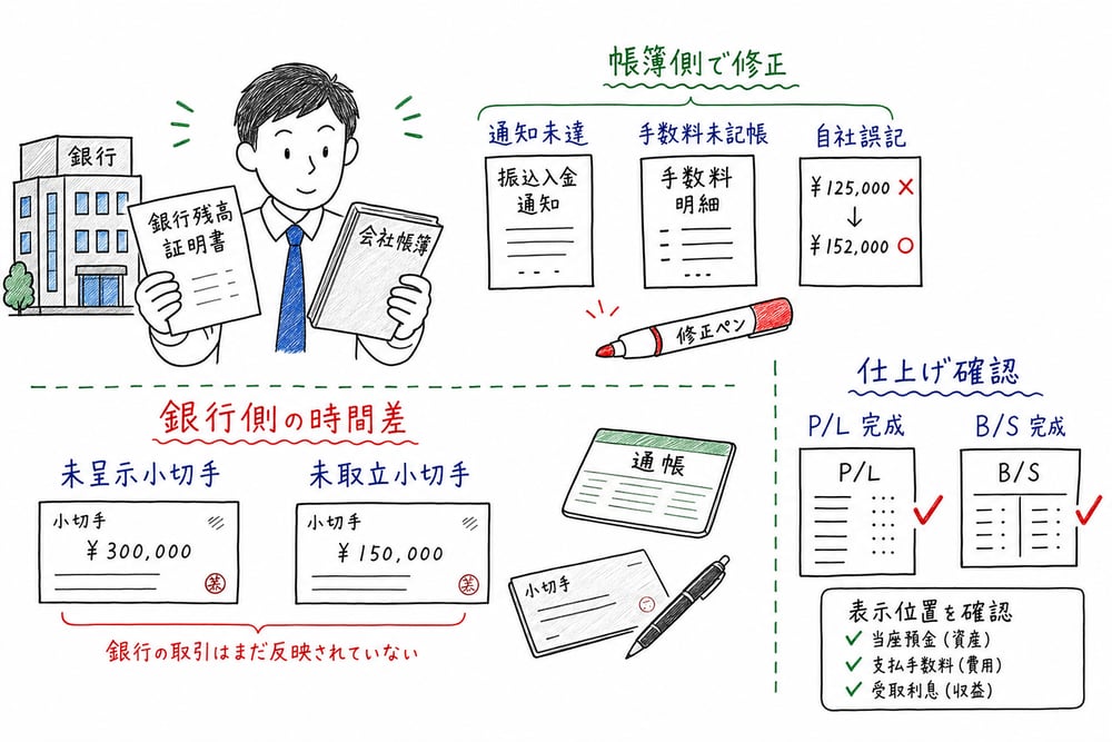 当座預金調整で帳簿側の修正事項と銀行側の時間差を切り分け、財務諸表を仕上げる図解