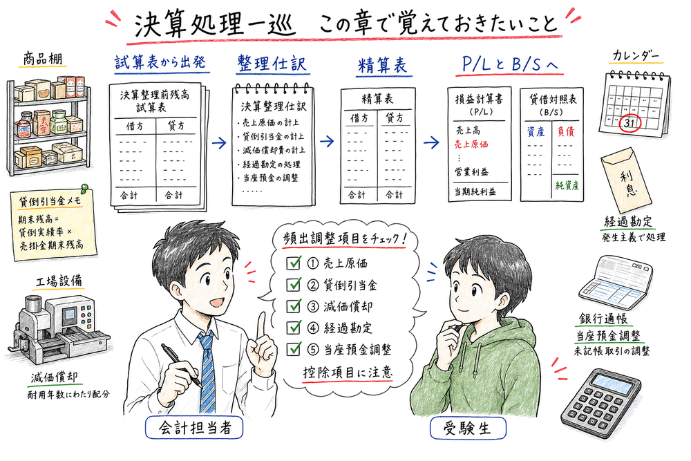 決算処理一巡で覚える試算表から整理仕訳、精算表、P/LとB/Sへの流れと頻出調整項目の図解