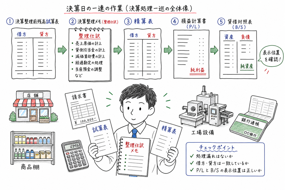 決算整理前残高試算表から整理仕訳、精算表、損益計算書、貸借対照表へつながる決算処理一巡の図解