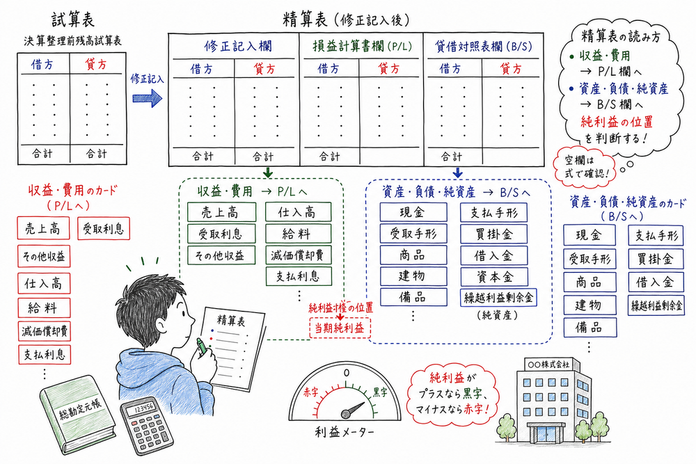 試算表と精算表で収益費用を損益計算書欄へ、資産負債純資産を貸借対照表欄へ分ける図解