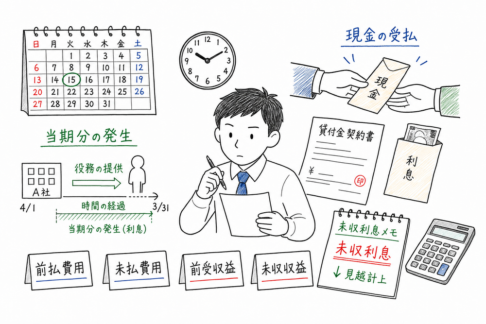 現金の受払と当期分の発生を分け、未収利息を見越計上する経過勘定の図解