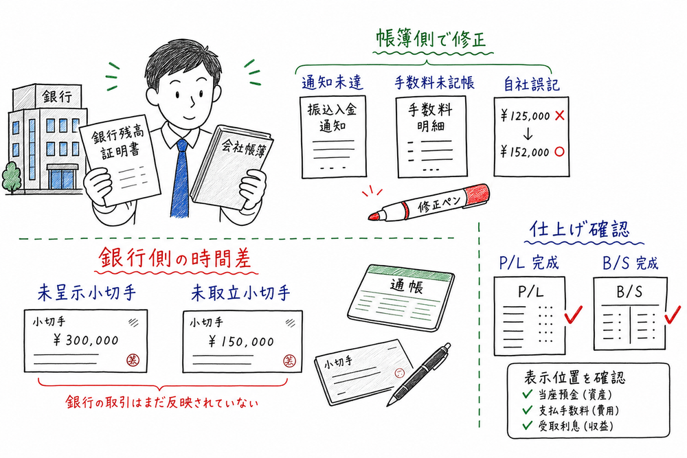 当座預金調整で帳簿側の修正事項と銀行側の時間差を切り分け、財務諸表を仕上げる図解