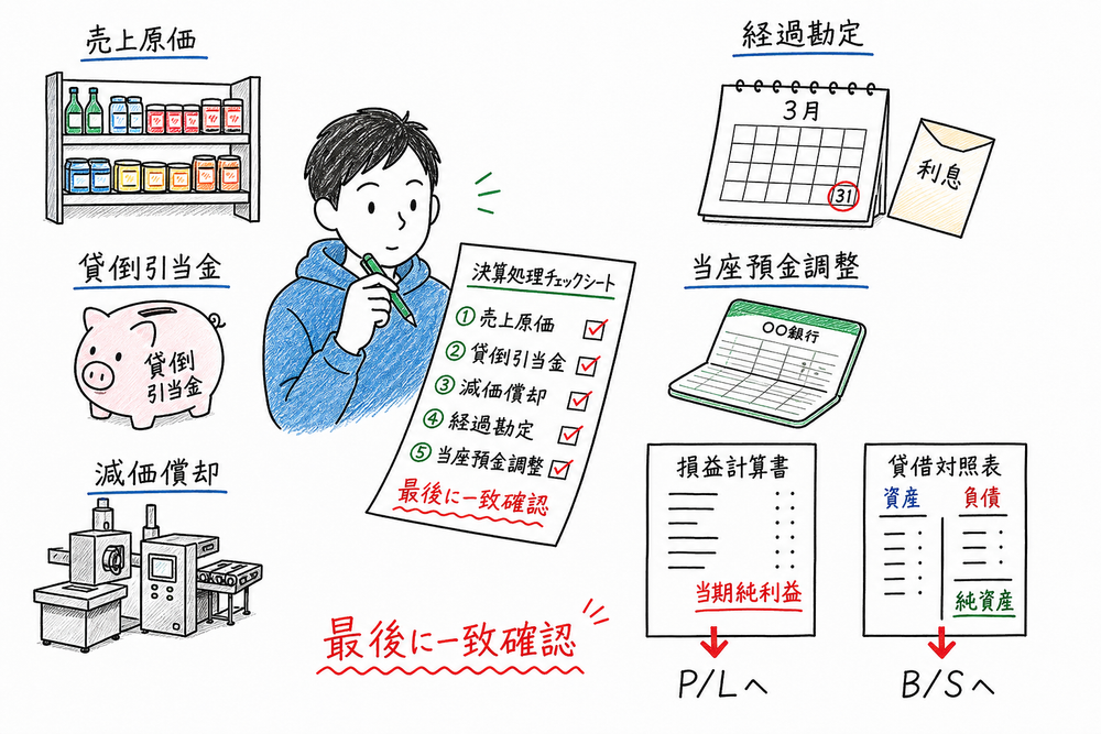 売上原価、貸倒引当金、減価償却、経過勘定、当座預金調整を順に確認する決算処理一巡のまとめ図解
