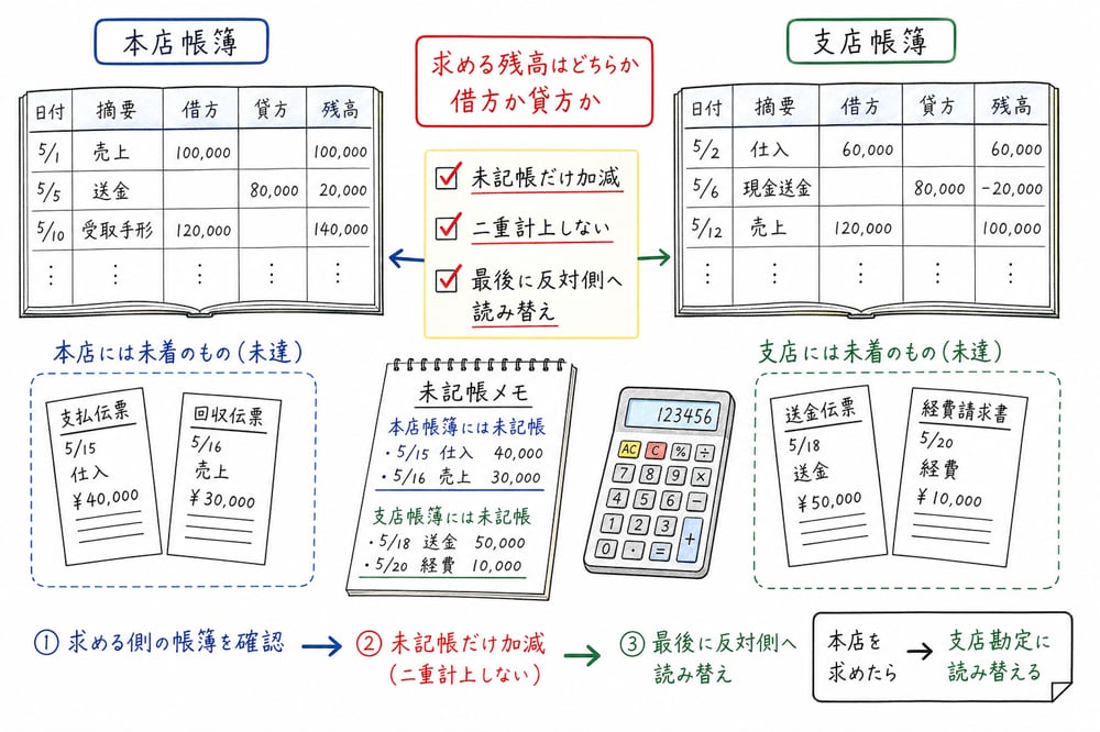 未達事項では求める側の帳簿で未記帳のものだけを加減する手順を示す図解