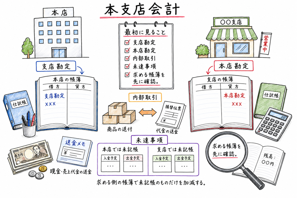 本支店会計で支店勘定、本店勘定、内部取引、未達事項を最初に確認する流れを示す図解