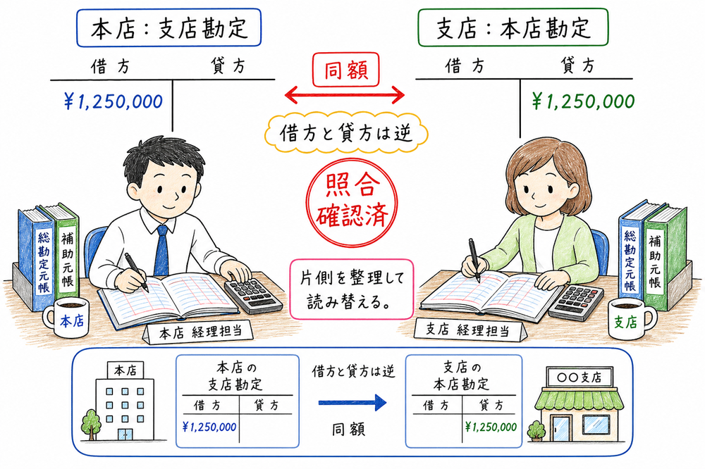 本店の支店勘定と支店の本店勘定が同額で借方貸方が逆になる対応関係を示す図解