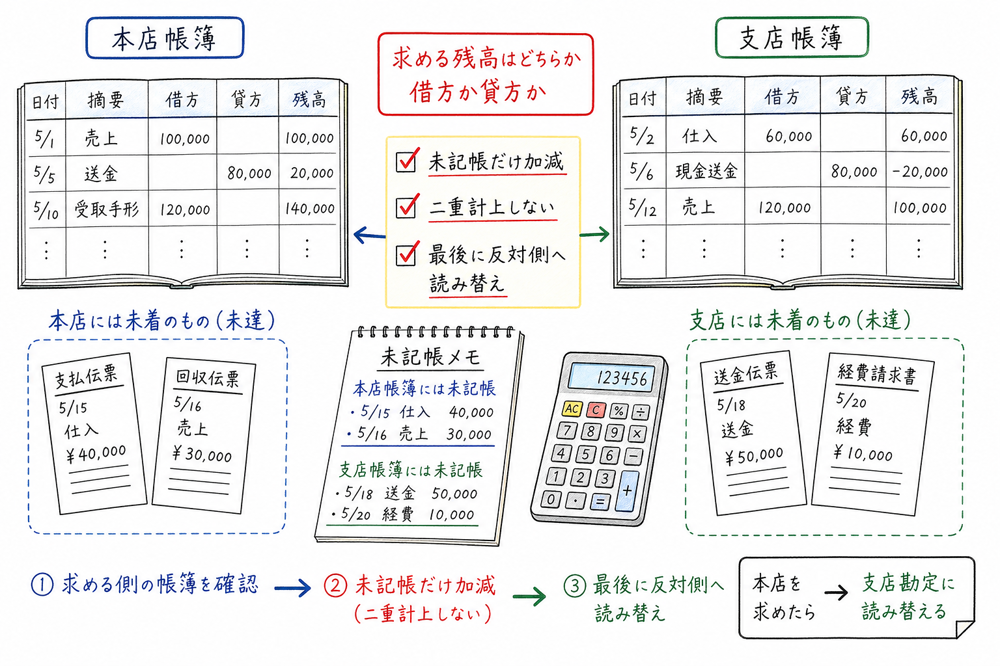 未達事項では求める側の帳簿で未記帳のものだけを加減する手順を示す図解
