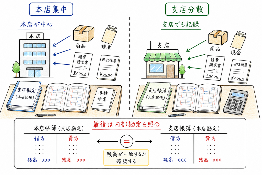 本店集中計算制度と支店分散計算制度を帳簿の置き方と内部勘定の照合で比べる図解