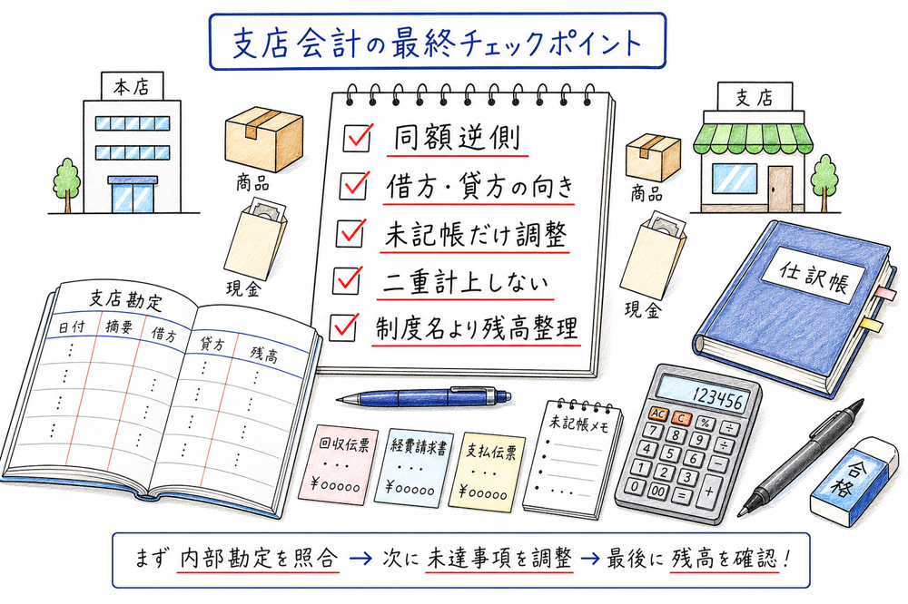 本支店会計の同額逆側、借方貸方、未記帳調整、二重計上防止をまとめる図解