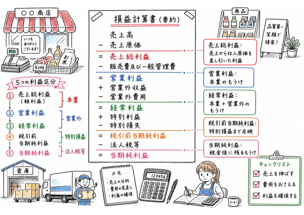 損益計算書で売上高から当期純利益まで利益が段階的に流れる図解