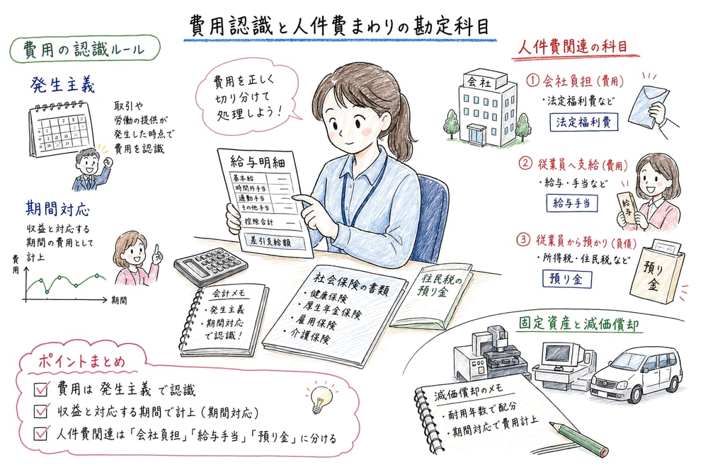 費用認識と法定福利費、給与手当、預り金を切り分ける図解