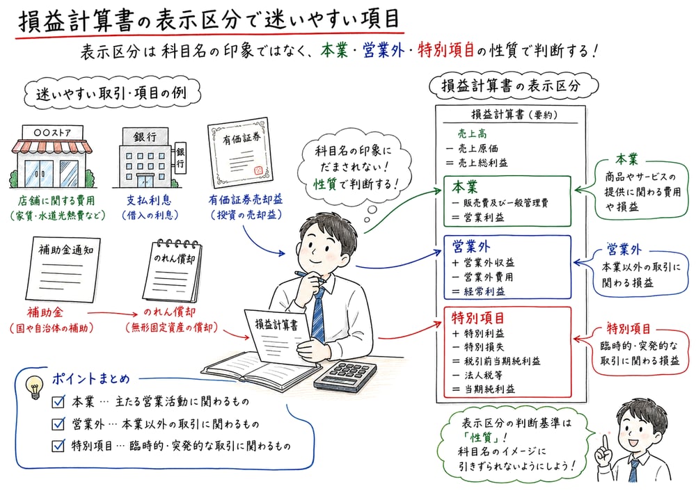 損益計算書の本業、営業外、特別項目の表示区分を判定する図解
