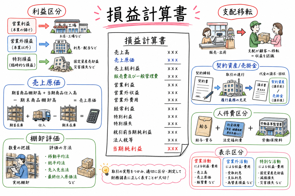 損益計算書で覚える利益区分、収益認識、契約資産、売上原価、棚卸評価、表示区分の全体マップ