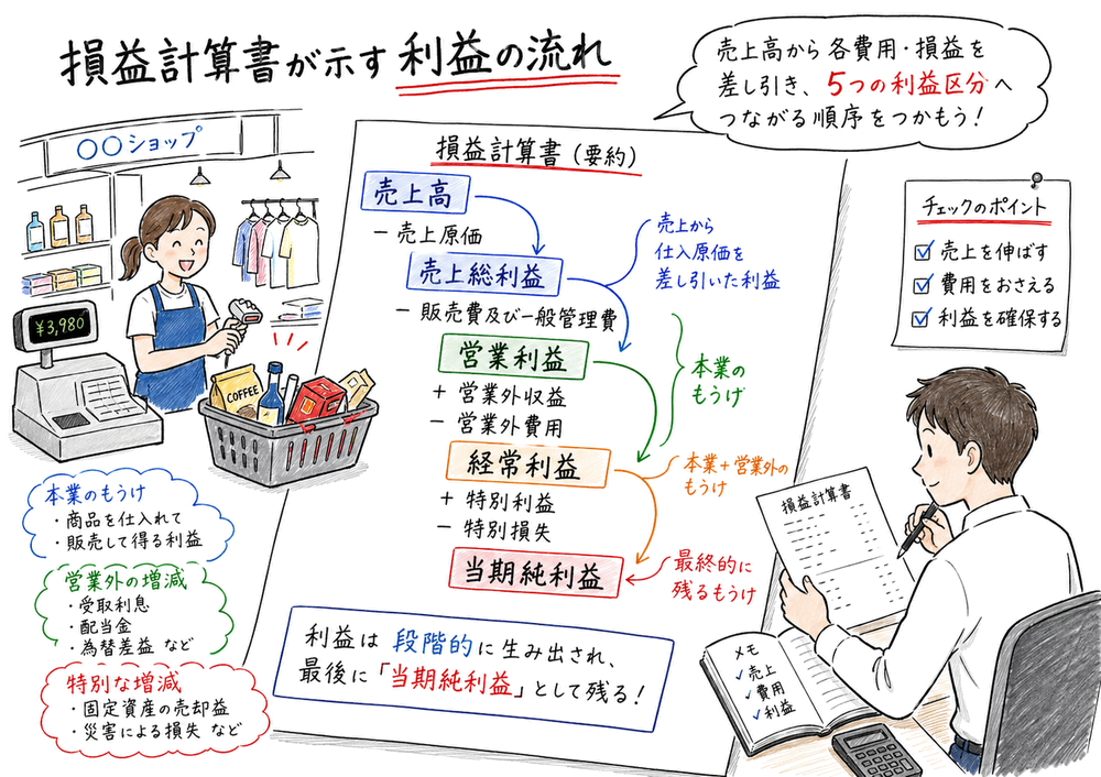 損益計算書で売上高から当期純利益まで利益が段階的に流れる図解
