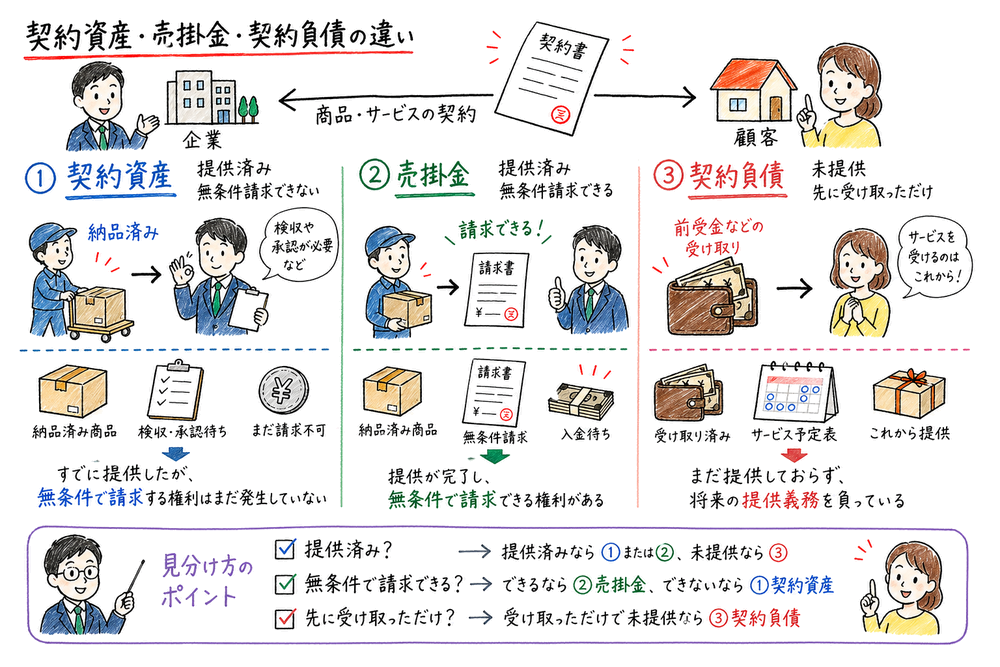 契約資産、売掛金、契約負債を提供済みか請求可能かで区別する図解