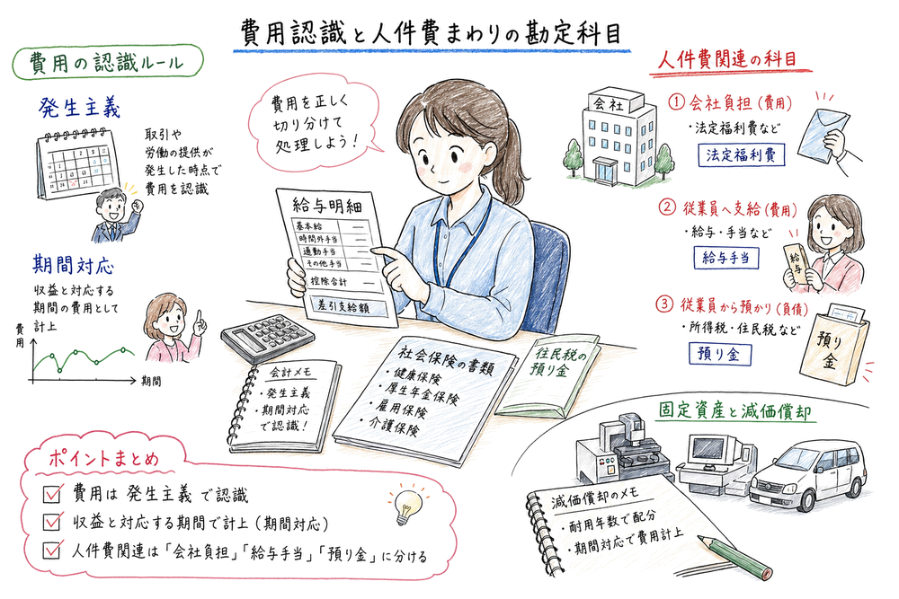 費用認識と法定福利費、給与手当、預り金を切り分ける図解