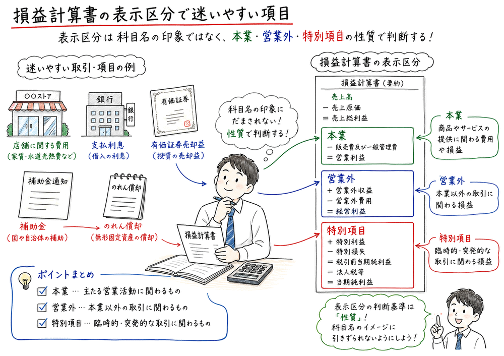 損益計算書の本業、営業外、特別項目の表示区分を判定する図解