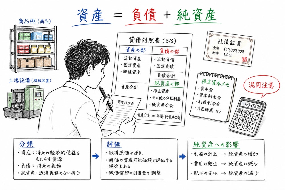 貸借対照表で最初に押さえる分類、評価、純資産への影響を整理する図解