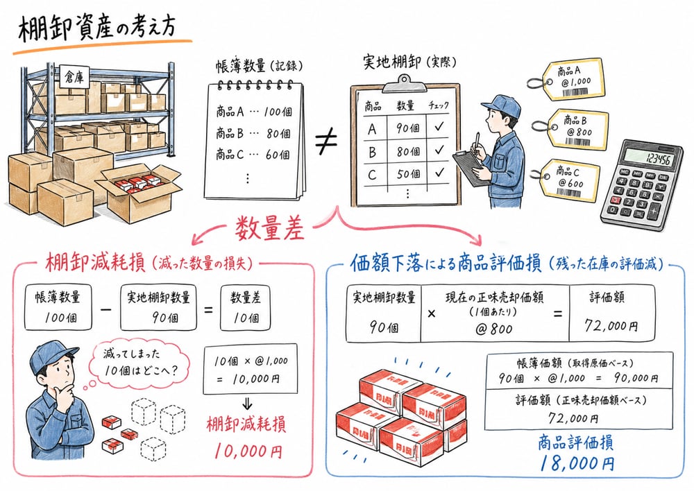 棚卸減耗損と商品評価損を数量差と価額下落で分ける図解