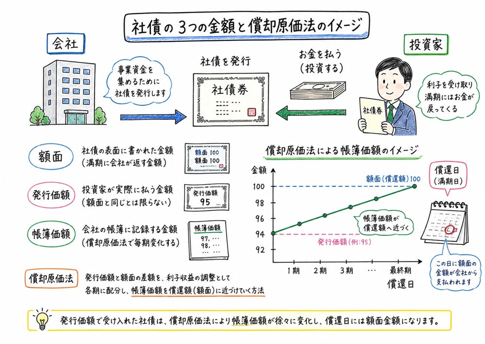 社債の額面、発行価額、帳簿価額を償却原価法で追う図解