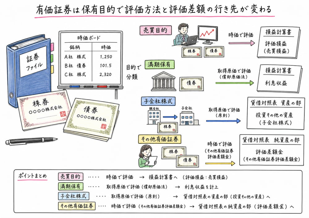 有価証券を保有目的別に分けて評価方法と純資産への影響を整理する図解