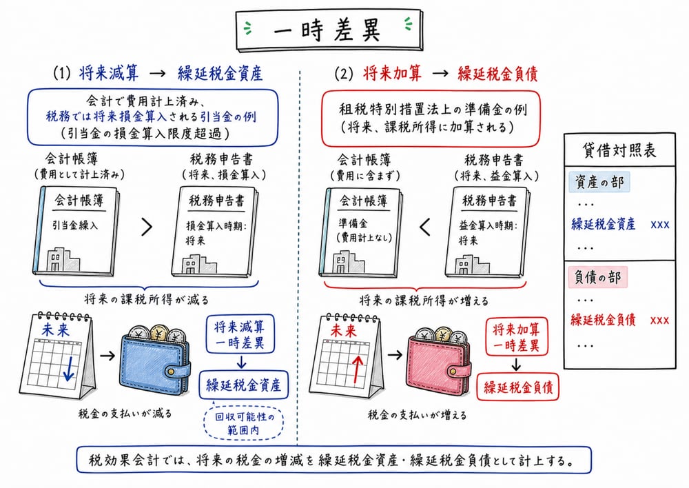 一時差異を将来の税金へつなぎ繰延税金資産と繰延税金負債を考える図解