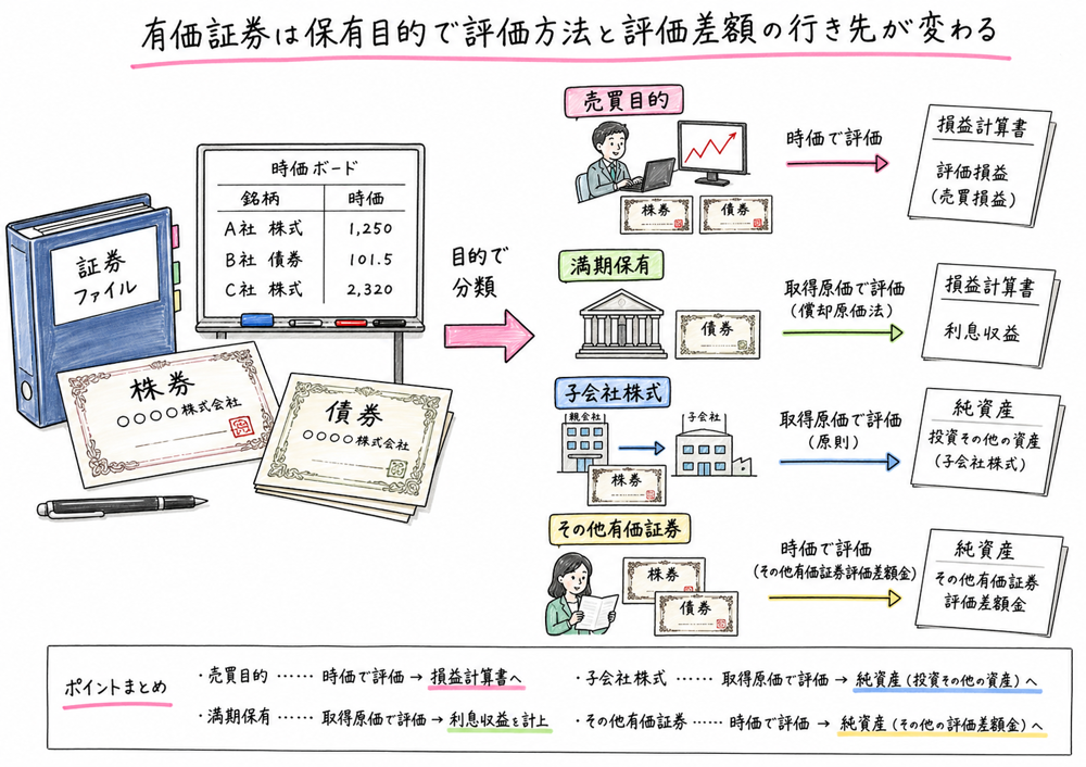 有価証券を保有目的別に分けて評価方法と純資産への影響を整理する図解