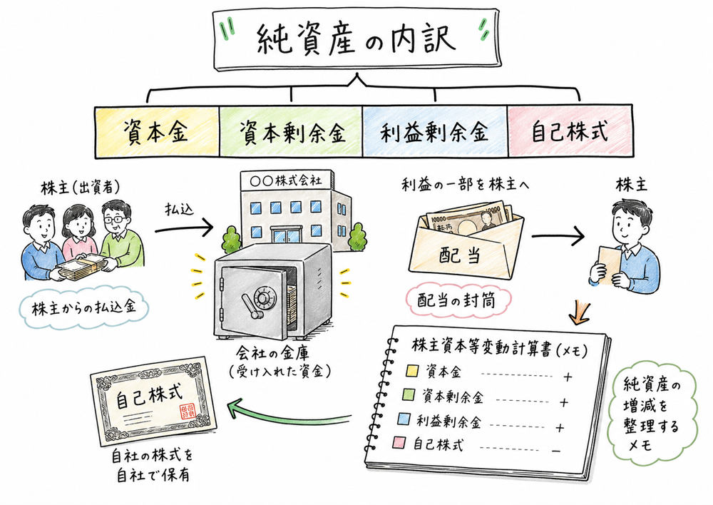 純資産を資本金、資本剰余金、利益剰余金、自己株式に分ける図解