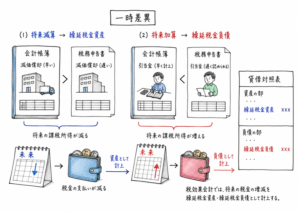 一時差異を将来の税金へつなぎ繰延税金資産と繰延税金負債を考える図解