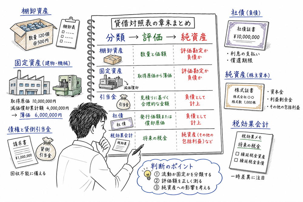 貸借対照表の分類、評価、純資産への影響を章末で整理する図解