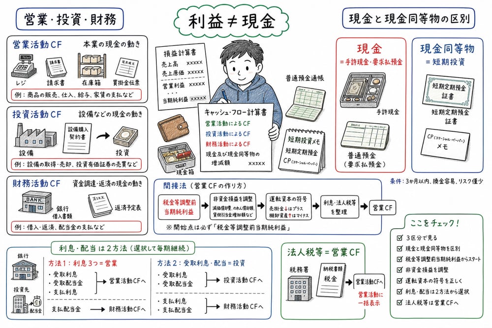 キャッシュ・フロー計算書の3区分、間接法、現金同等物、運転資本の符号を確認する章頭図解