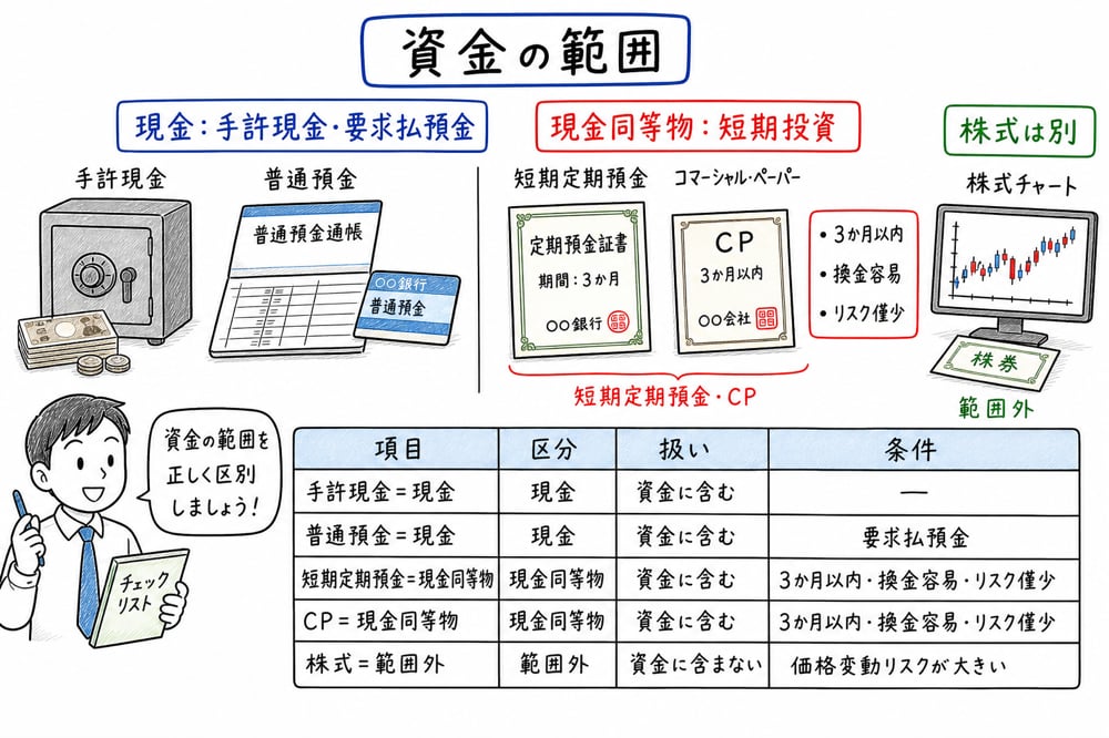 現金同等物は3か月以内、換金容易、価格変動リスク僅少の条件で判定することを示す図解