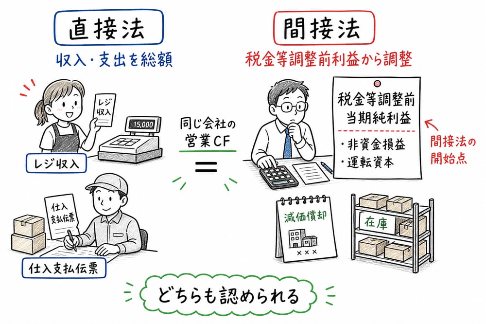 主要な収入支出を総額で示す直接法と、税金等調整前当期純利益から調整する間接法を対比する図解