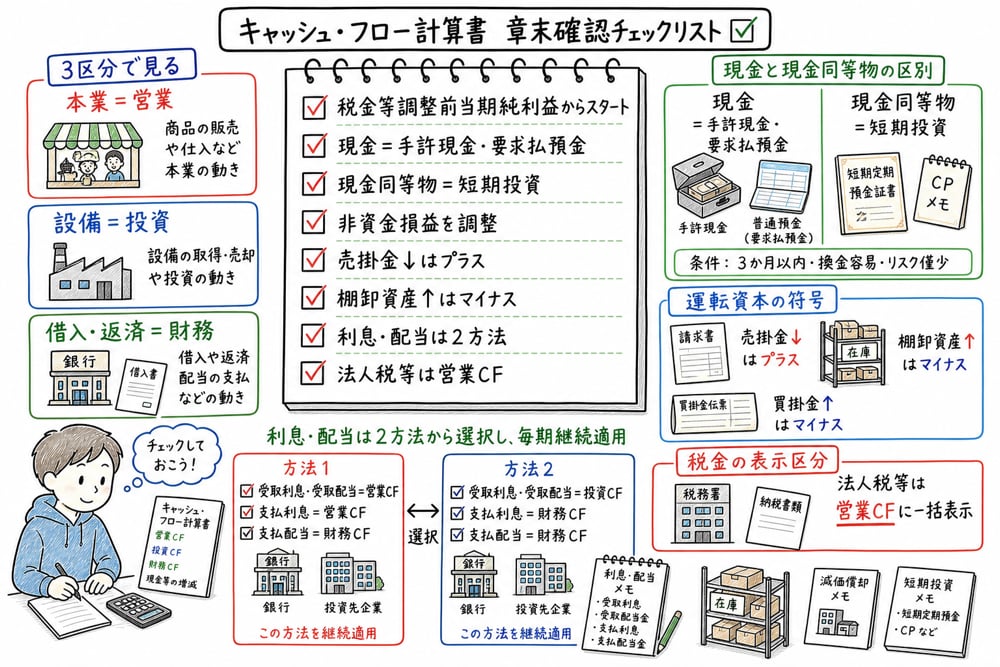 キャッシュ・フロー計算書を間接法で作る手順と3区分、現金同等物、運転資本の符号を確認する章末図解