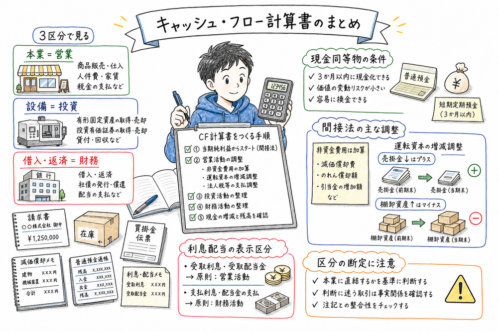 キャッシュ・フロー計算書の3区分、間接法、現金同等物、運転資本の符号を確認する章頭図解