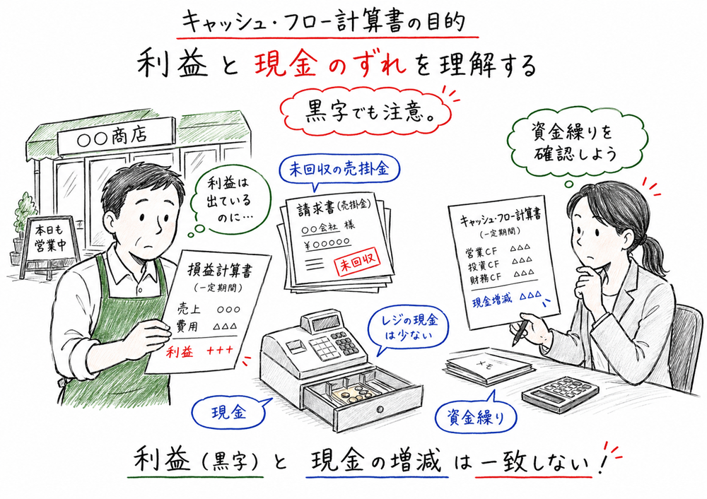 利益が出ていても請求書が未回収なら現金が増えないことを示すキャッシュ・フロー計算書の目的の図解