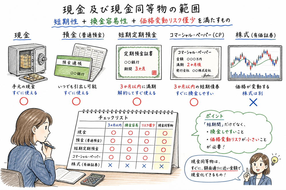 現金同等物は3か月以内、換金容易、価格変動リスク僅少の条件で判定することを示す図解