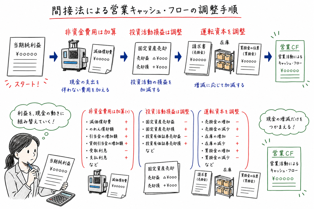 当期純利益から非資金費用や運転資本を調整して営業キャッシュ・フローへ組み替える間接法の図解